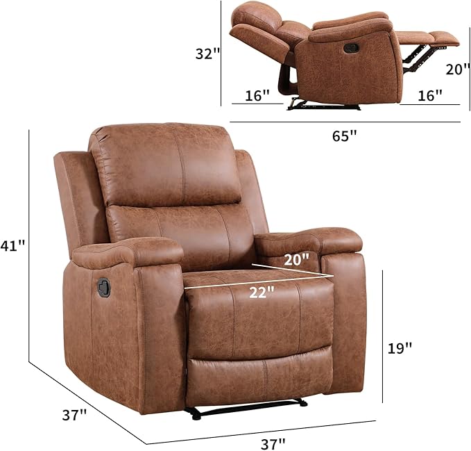 CANMOV Leather Recliner Chair, Classic and Traditional Manual Recliner Chair with Overstuffed Arms and Back, Manual Single Sofa with Concealed Cup Holders, Brown