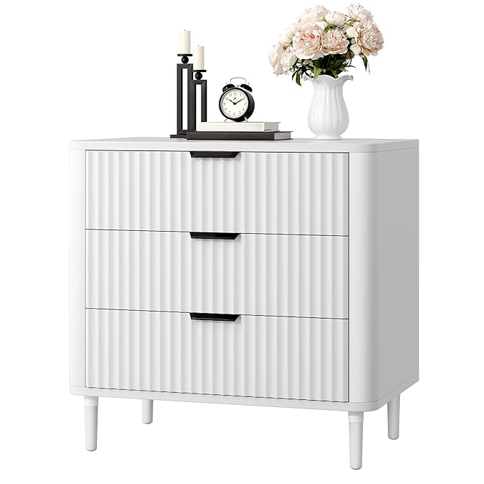 DWVO Fluted 3 Drawer Dresser, 32.5 Wider Modern Dressers Chest of Drawers with Solid Wood Legs, Wood Storage Dresser Organizer for Dorms, Flats, Living Rooms, Hallways, White