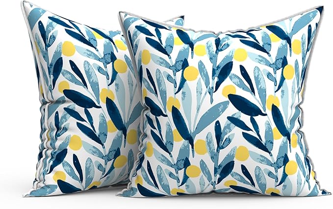 Outdoor Throw Pillow Covers Pack of 2, Decorative Water Repellent Square Pillow Cases with Piping 18x18 Inch, Patio Pillowcases for Home Patio Furniture Use, Leaves Multi