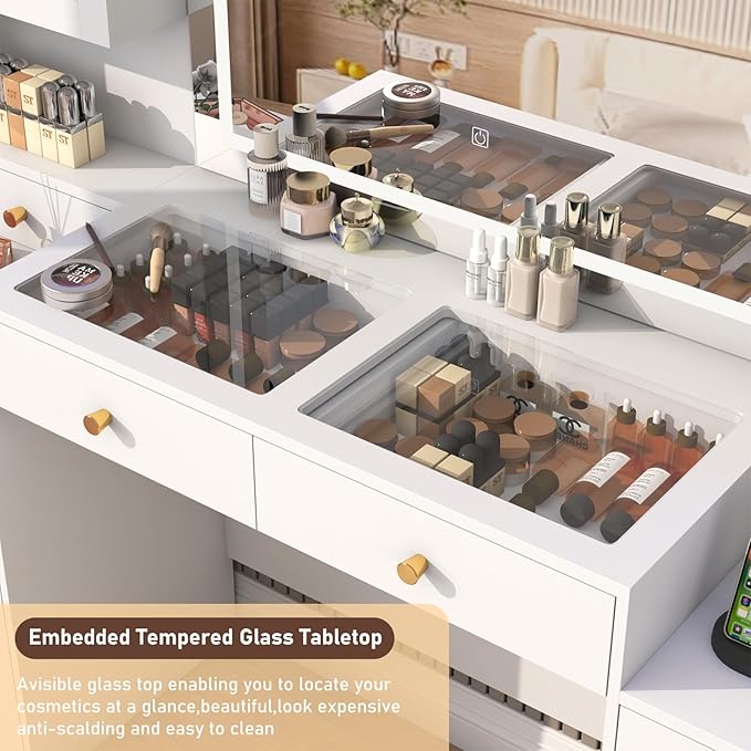 62" Large White Vanity Desk w/ Tempered Glass Top,60000-color LED Lights,Power Outlet, Make up Vanity w/ 3 Lights Mode LED Mirror,9 Drawers,2 RGB Cabinet LEDs Vanitys Table for Women,Girls