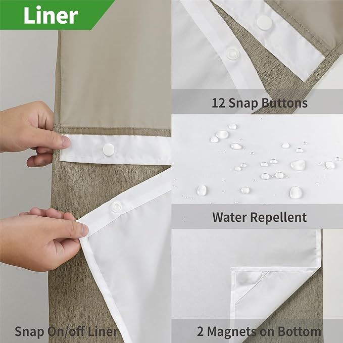 No Hooks Needed Linen Textured Shower Curtain with Snap-in Fabric Liner Set,Hotel Luxury Decor Shower Curtains for Bathroom with Mesh Top Window,Waterproof & Washable,71Wx74H,Khaki/Tan