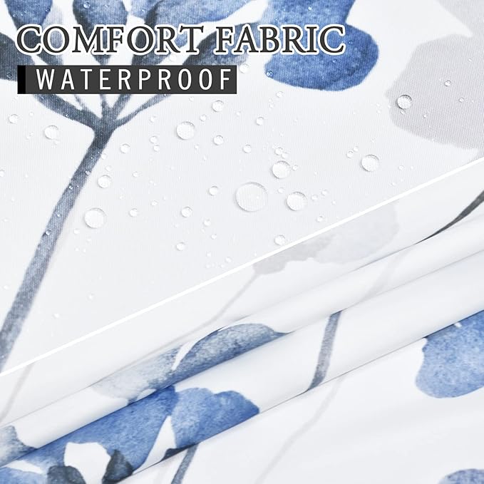 No Hook Shower Curtain with Snap in Liner - Watercolor Floral Shower Curtain - Fabric Waterproof Inner Liner, Plants Blue Flowers Modern Cloth Shower Curtains - Machine Washable, 71 x 86