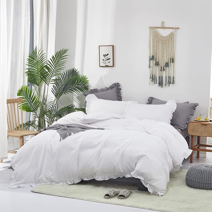 Cottonight White Comforter Set King White Ruffle Bedding Comforter Set Ruffles Farmhosue Boho White Blanket Quilts Rustic Soft Breathable Chic 3PCs Bedding Set for King Bed