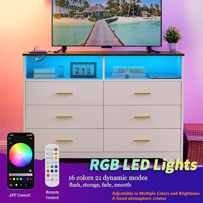 LIDYUK Dresser for Bedroom, Wood Dresser with 6 Drawers, Modern Minimalist Dressers & Chest of Drawers with Charging Station & LED Lights, 48 Inches TV Stand for Bedroom, Living Room, White