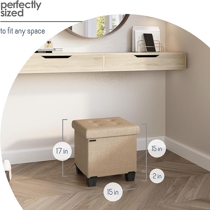 STORAGEBUD Storage Ottoman Cube with Small Bin, 16-in Square Ottoman with Storage for Living Room and Bedroom, Small Ottomans Foot Rest, Fabric Foot Stools Ottomans Max 330lbs, Taupe