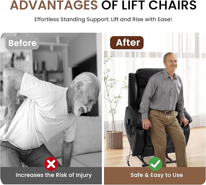 TEKAMON Power Lift Recliner Chair for Elderly with Heat & Massage, Dual Motor Genuine Leather Recliner, Lay Flat Sleeping Chairs with Infinite Position, RemoteControl(Black, Extended)