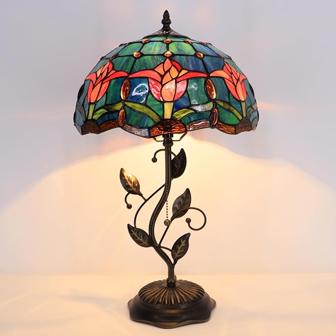 Tiffany Table Lamp, Stained Glass Desk Light, W12H19 Inch, Metal Leaf Base (Tulip Style)