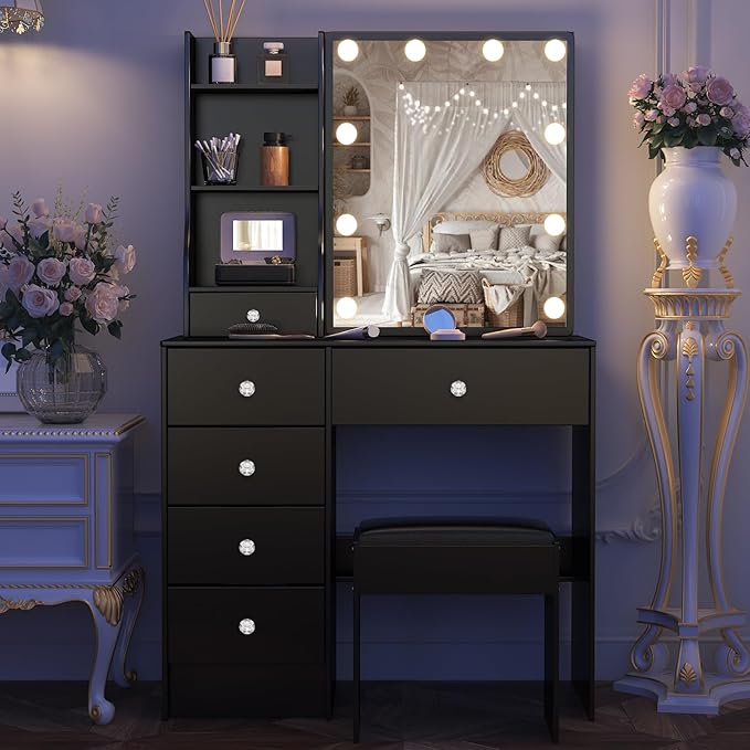 Black Vanity Desk with Mirror Lights, Makeup Vanity Table with 6 Drawers and Cabinet, Small Vanity Set with Chair Stool, 3 Modes Adjustable Sliding Mirror, Black Vanity for Bedroom