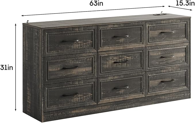 Fameill Dresser for Bedroom, 9 Drawer Wide Dresser Organizer with Charging Station, TV Stand for Livingroom, Chest of Drawers with Metal Handles, Dark Brown