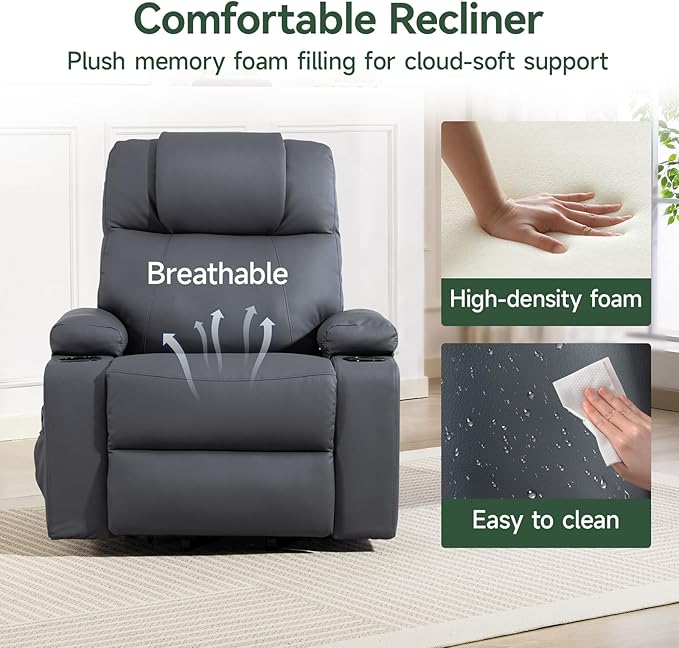 Power Lift Recliner Chair for Elderly with Heat & Massage, 160° Electric Adjustable PU Leather Recliner with Remote Control, Stand Assist, Cup Holders & Side Pockets for Living Room (Gray)