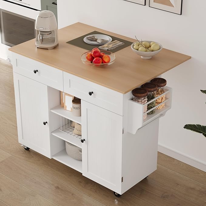 Kitchen Island On Wheels, Rolling Kitchen Island Cart with Drop Leaf and 2 Drawers, Mobile Kitchen Table Storage Cabinet with Tower Rack and Spice Rack for Dining Room, Kitchen, White