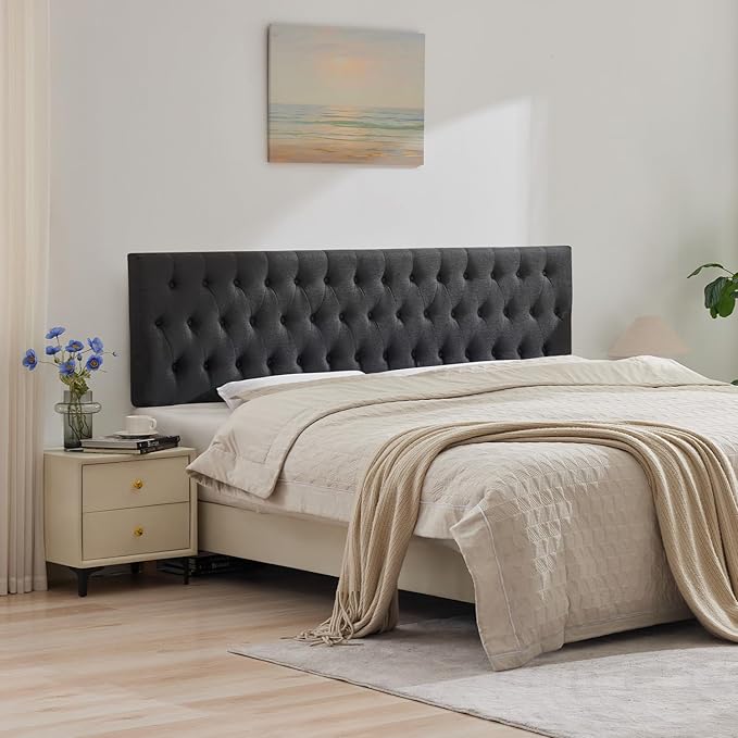 Kingfun Tufted Upholstered Full Size Bed Headboard in Modern Button Design, Adjustable Solid Wood Head Board, Premium Linen Fabric Padded Headboards in Bedroom (Dark Grey)