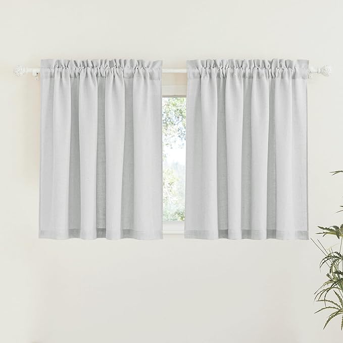 RYB HOME Privacy Sheer Valances for Windows, Semi-Sheer Curtains for Kitchen Small Window Drapes, Dual Rod Pocket & Linen Textured Design, Dove Grey, W 52 in by L 36 in Each Panel, Set of 2