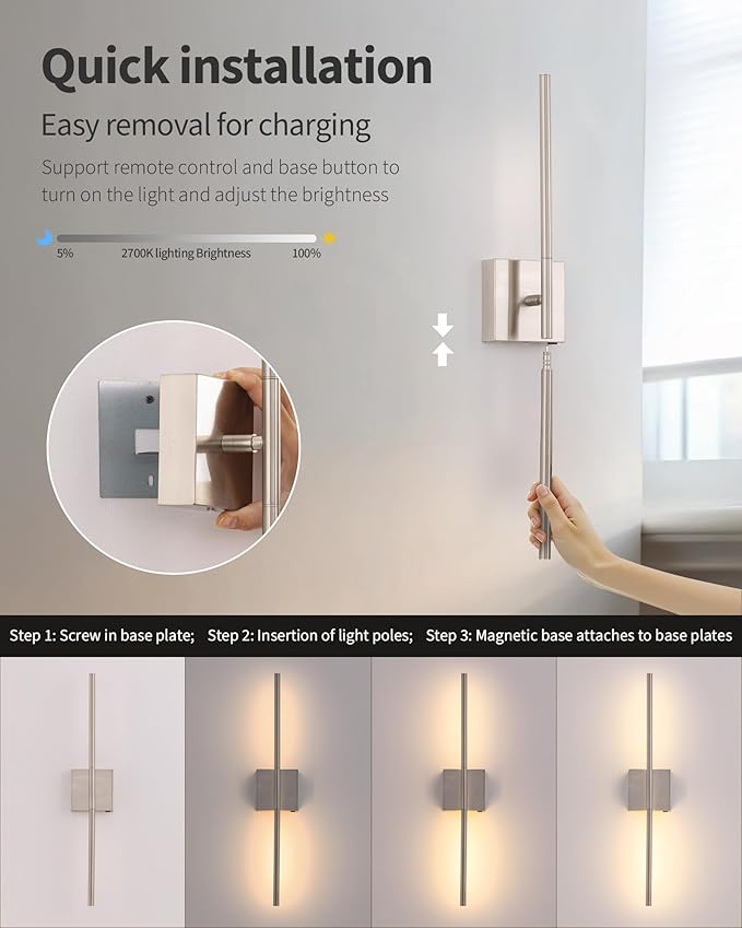 KDG Cordless Wall Sconces Set of 2, Wireless 7000mAh Rechargeable Battery Operated LED Wall Lamps with Remote, 360° Rotate Lightings for Wall Painting, Bedroom, Hallway, Night Light 23.6 inch (Nickel)