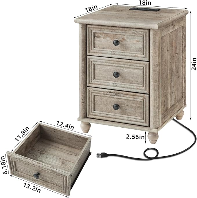 18" Farmhouse Night Stand Set 2, Gray 3 & 3 Drawers Wood Nightstand, Bedside End Table with Storage and Roman Column, Bed Side Tables Cabinet for Bedroom, Living Room, and Closet