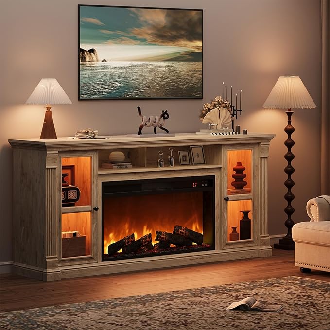 Farmhouse Fireplace TV Stand Up to 80" TVs, 70" Modern Highboy Entertainment Center with 36" Electric Fireplace & LED Lights, Media Console with Adjustable Shelves for Living Room, Antique Brush Gray