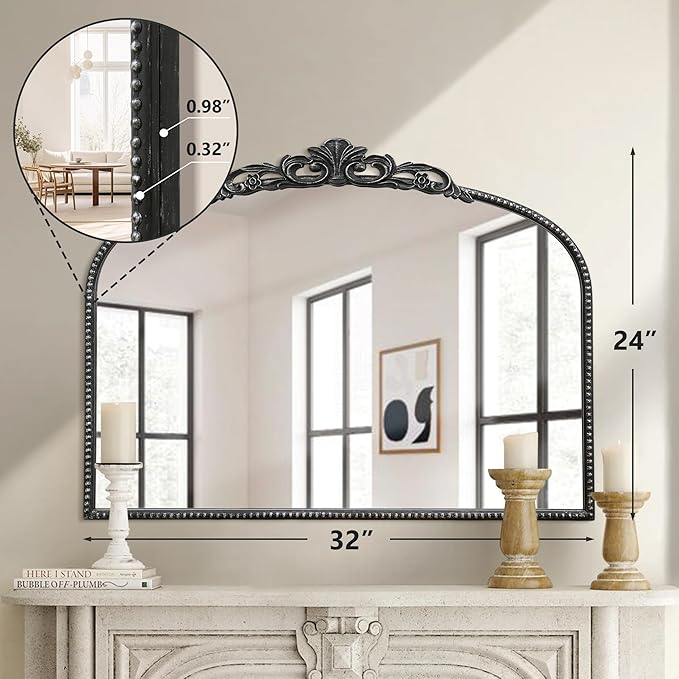 Micasso Black Vintage Wall Mirror: 24"x 32" French Baroque Antique Arched Wall Mounted Mirror - Traditional Ornate Decorative Entryway Mirror for Home Decor/Entryway/Fireplace/Living Room/Hallway