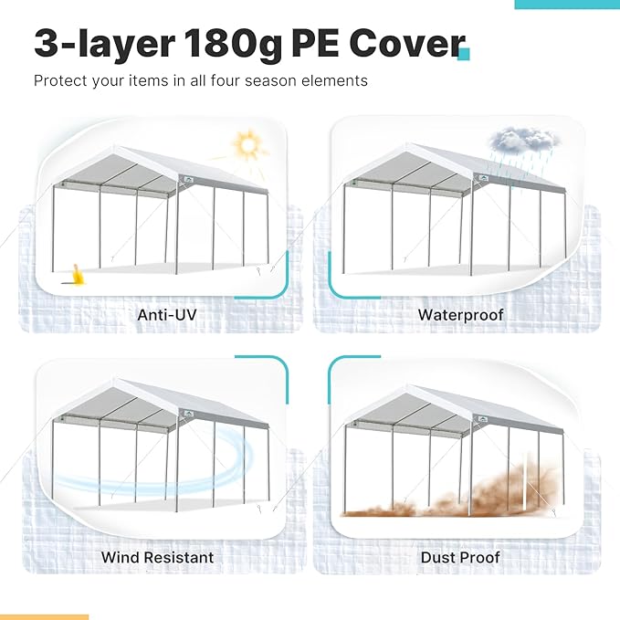ADVANCE OUTDOOR 10x20 ft Heavy Duty Carport Potable Car Canopy Garage Party Tent Boat Shelter, Adjustable Height from 9.5 ft to 11 ft, White
