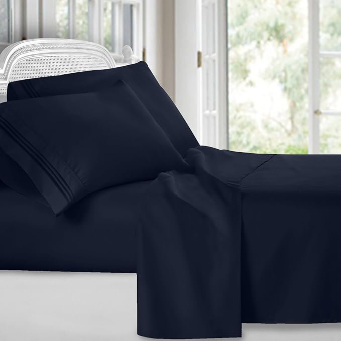 Clara Clark Bed Sheets, Premier 1800 Series 4 Piece Bed Sheet Set, Deep Pocket, Wrinkle, Fade, Stain Resistant, Luxury Soft Bedding Sheets & Pillowcases, California King, Navy Blue