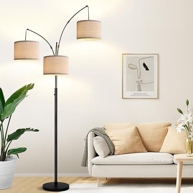 Dimmable Floor Lamp, 3 Lights Black Arc Floor Lamps for Living Room, Modern Tall Standing Tree Lamp with Linen Shade & Heavy Base, Large Floor Lamp for Bedroom Office, 3x1000 LM LED Bulbs Included