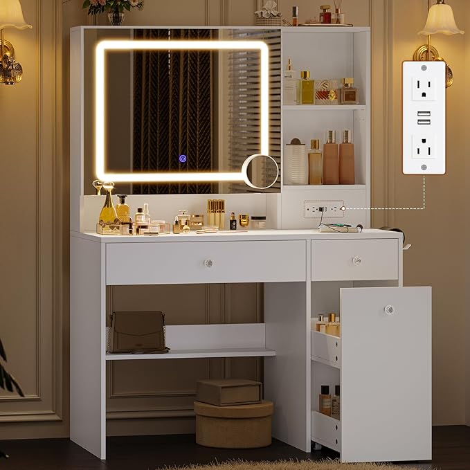 Vanity Desk with Mirror and Lights,Power Outlet,3 Drawers,Pull-Out LED Mirror with 3 Light Modes,Brightness Adjustable,Rolling Makeup cart,Crystal Handles, hairdryer Rack,White