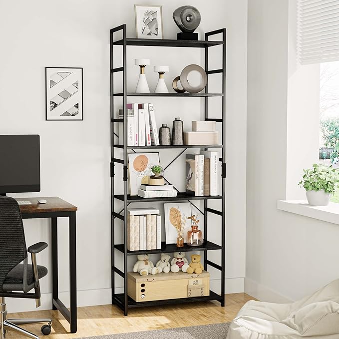OTK 6 Tier Adjustable Bookshelf, Tall Bookcase, Office Shelf Storage Organizer, Modern Book Shelf for Living Room, Bedroom, and Home Office, Black