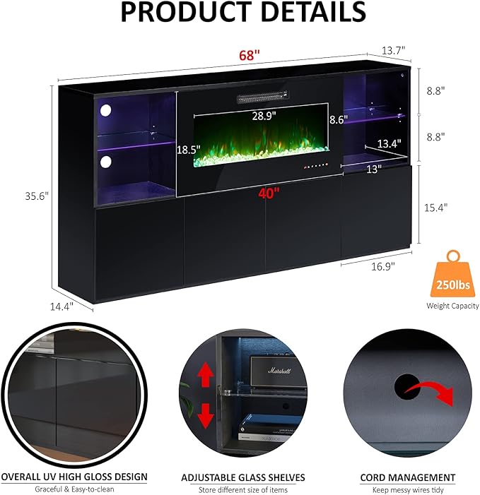 Fireplace TV Stand for TVs up to 75", Modern High Gloss Entertainment Center with 40" Fireplace, 4 Shelves & Storage Cabinets, Media Console Table 68 Inches, Black