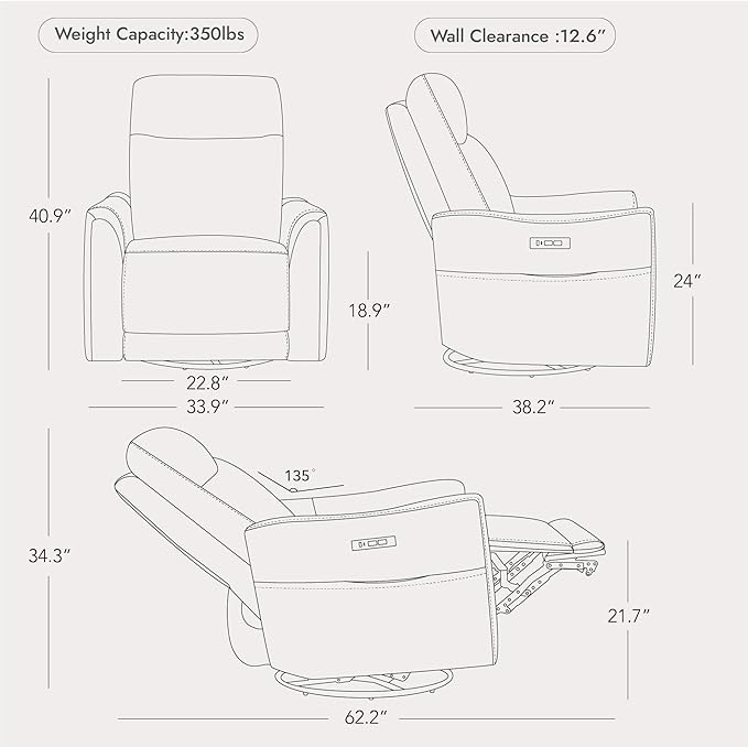 Watson & Whitely Genuine Leather Power Recliner Chairs for Adults, Swivel Glider Recliner Chair for Living Room with Charging Ports, Saddle