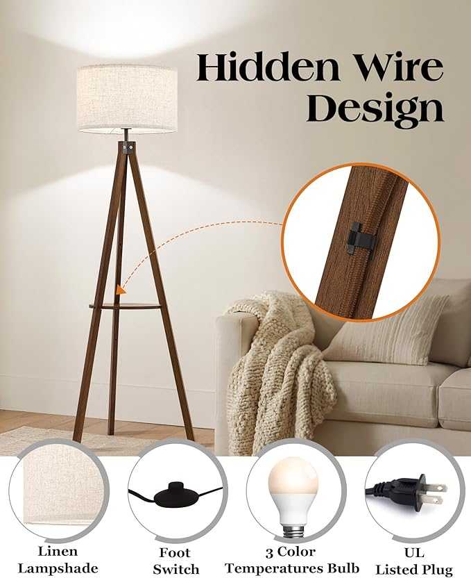 ELYONA Wood Tripod Floor Lamp with Table, Shelf Standing Light with 3 Color Temperatures LED Bulb, Mid Century Modern Wooden Tall Floor Lamp with Linen Shade for Living Room Bedroom Office,Dark Brown