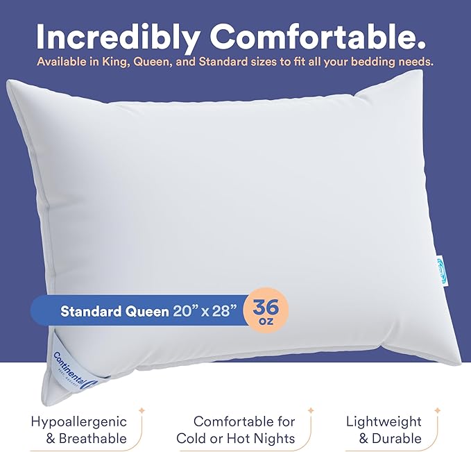 Continental Bedding Luxury Pillow 50/50 Goose Down and Feather Fill, Super Standard, White