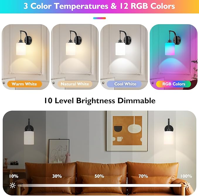 Wireless Rechargeable Wall Sconce Set of Two, 15Colors Black Battery Operated Wall Lights, 2 Milky Glass Wall Lamps with Remote and Dimmable Bulbs, Cordless Sconces Wall Decor for Bedroom Living Room