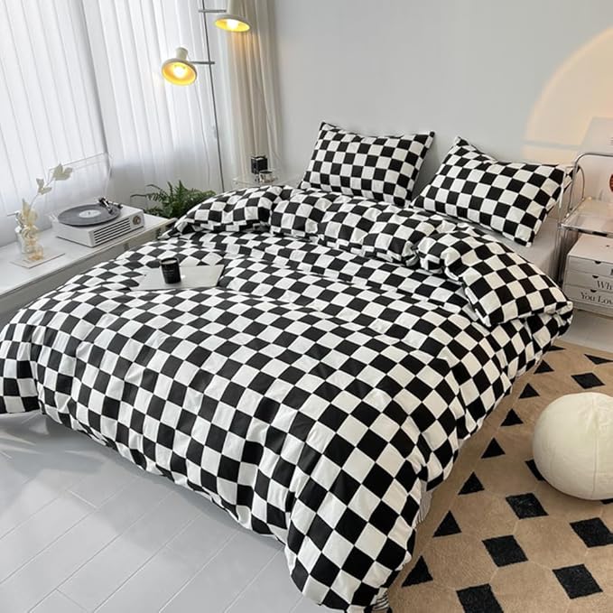 CLOTHKNOW Black White Plaid Full Size Comforter Sets 3Pcs Grid Bedding Comforter Sets Black White Comforter Soft Checkered Comforter with 2 x Pillow Cases