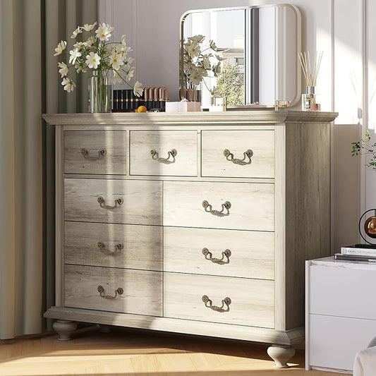 9 Drawers Dresser for Bedroom, Wooden Chest of Drawer with Large Drawers & Metal Handles for Bedroom, Living Room, Hallway, Grey