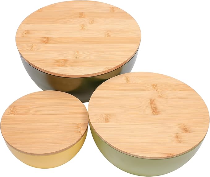 Salad Bowl Set of 3 with Bamboo Lids, Mixing Bowl Set, Nesting Bowls for Space Saving Storage, Made with Durable Eco-Friendly Bamboo Fiber, Great for Prepping and Serving Food (3 Colors)