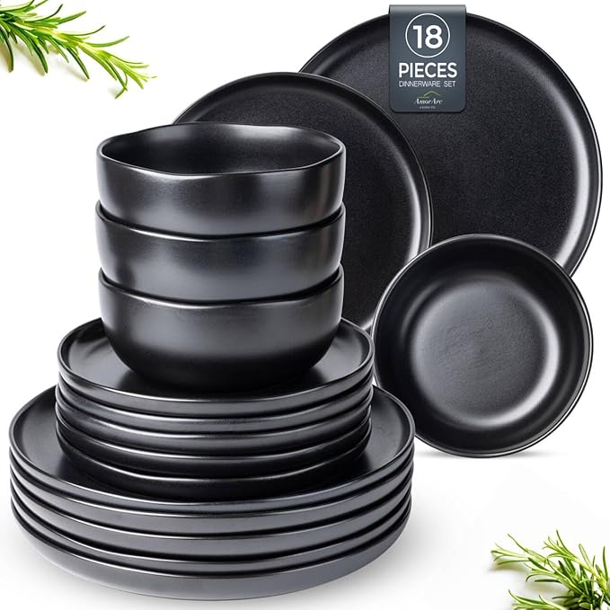AmorArc Ceramic Dinnerware Sets, Wavy Rim Stoneware Plates and Bowls Sets, Highly Chip and Crack Resistant | Dishwasher & Microwave & Oven Safe Dishes set, Service for 6 (18pc)