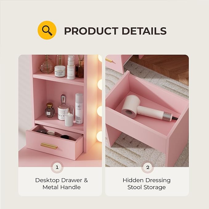 Vanity Desk with LED Lighted Mirror&Power Outlet, 3 Lighting Colors Makeup Vanity Desk with 5 Large Drawers and 3 Storage Shelves, Pink Vanity with Storage Stool for Bedroom
