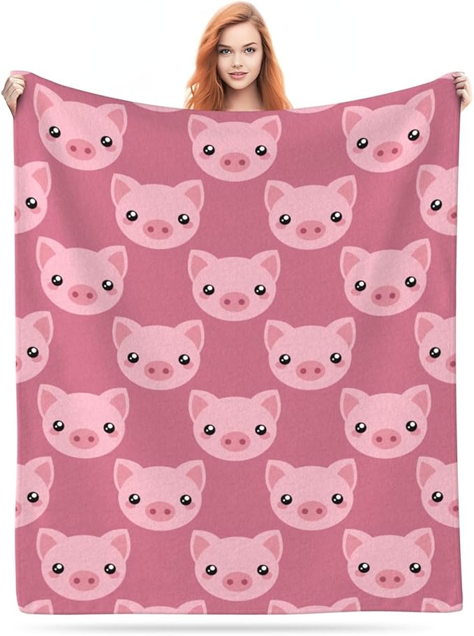 Flannel Fleece Throw Blanket, Cute Cartoon Pig Lightweight Throw Blanket, Travel Blanket Cozy Plush Warm Blankets with 18x18 Inch Pillowcase for Bedroom Living Rooms Sofa Beds Office 50x40 Inch