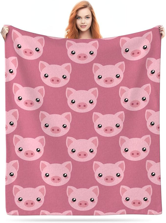 Flannel Fleece Throw Blanket, Cute Cartoon Pig Lightweight Throw Blanket, Travel Blanket Cozy Plush Warm Blankets with 18x18 Inch Pillowcase for Bedroom Living Rooms Sofa Beds Office 50x40 Inch