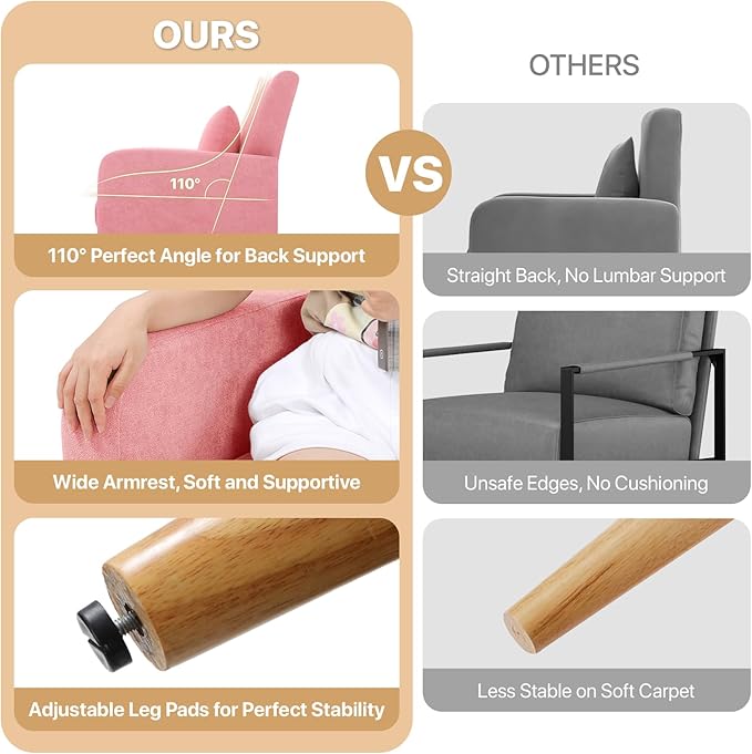 Magshion Mid-Century Accent Chair for Living Room, Comfy Reading Chair for Bedroom, Upholstered Linen Fabric Armchair Single Sofa with Back Pillow & Wood Legs, 300 lbs Capacity, Pink