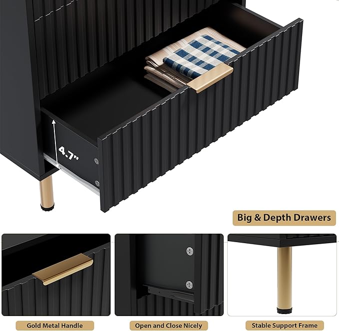 5 Drawer Dresser for Bedroom, 48" Tall Modern Chest of Drawers with Deep Drawers and Wide Top, Fluted Wooden Dresser Organizer for Living Room, Hallway, Kids Room, Black