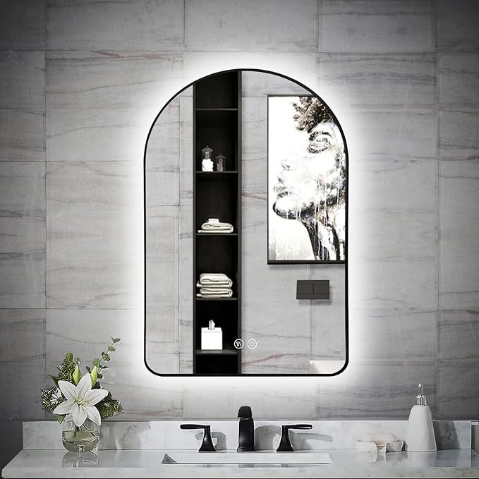 Niccy Arched LED Lighted Bathroom Mirror, 36x24 Inch Backlit Vanity Mirror with Lights Brushed Black Framed Wall Mounted Mirrors with Dimmable 3 Color Shatterproof Arch Smart Fog Free Mirror