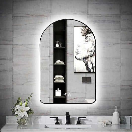 Niccy Arched LED Lighted Bathroom Mirror, 36x24 Inch Backlit Vanity Mirror with Lights Brushed Black Framed Wall Mounted Mirrors with Dimmable 3 Color Shatterproof Arch Smart Fog Free Mirror