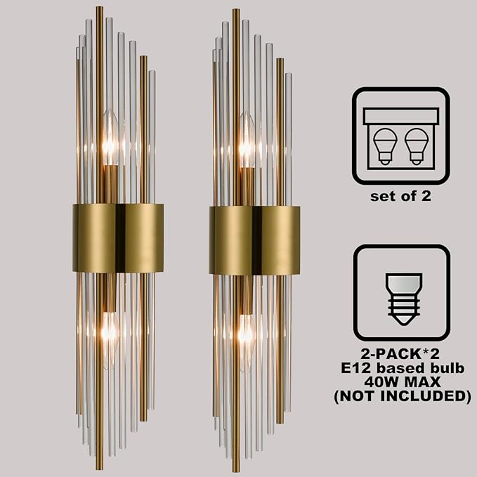 2-Light Modern Brushed Titanium Gold Wall Sconce with Clear Glass Crystal Luxury Wall Light Fixtures for Bedroom Living Room Bathroom Vanity Mirror Light Fixtures Set of 2