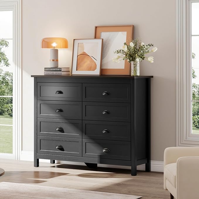 Black Dresser for Bedroom, Farmhouse 8 Drawer Double Dresser with Vintage Antique Handles, Modern Tall Dressers and Chest of Drawers for Bedroom