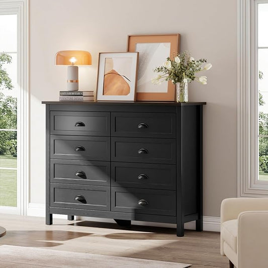Black Dresser for Bedroom, Farmhouse 8 Drawer Double Dresser with Vintage Antique Handles, Modern Tall Dressers and Chest of Drawers for Bedroom