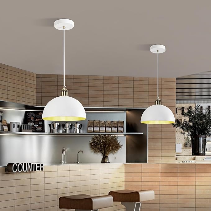 Vintage Industrial Pendant Light 9.84" Farmhous Dome Pendant Light White and Gold Finish Lighting lamp line Length 78.74" Kitchen Island, Bedroom, Corridor