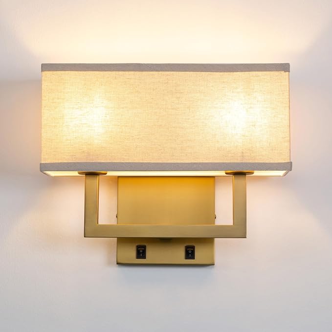 Yosoan Linen Fabric Boho Wall Sconce Bedside Light with On Off Switch, 2-Light Brass Finished Hardwired Vintage Industrial Dual Wall Mount Lamp Square Shade for Bedroom Living Room Stairwell(Antique)