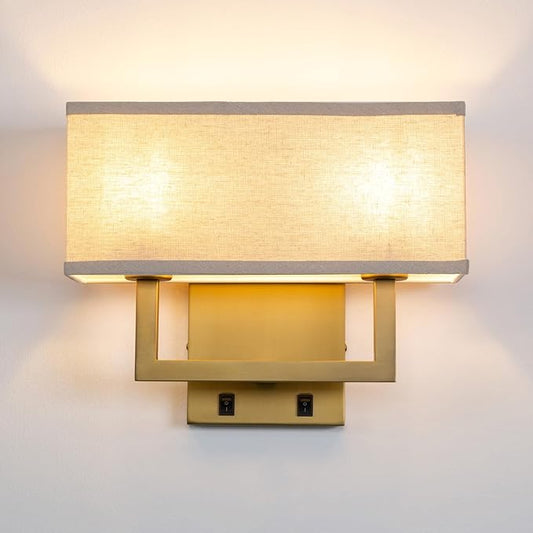 Yosoan Linen Fabric Boho Wall Sconce Bedside Light with On Off Switch, 2-Light Brass Finished Hardwired Vintage Industrial Dual Wall Mount Lamp Square Shade for Bedroom Living Room Stairwell(Antique)