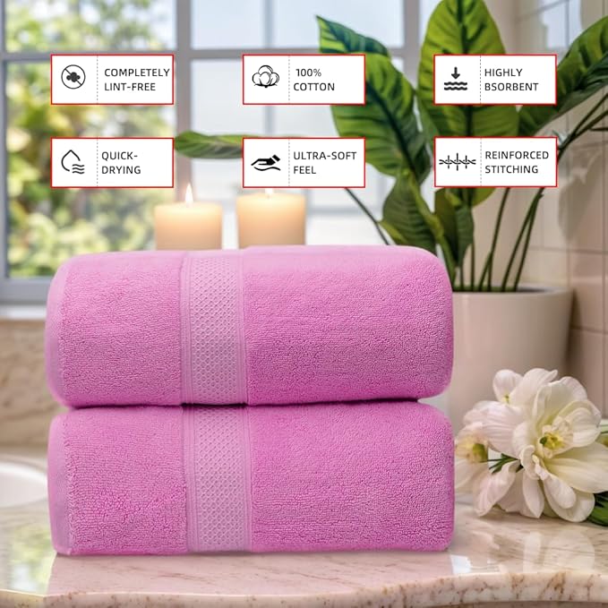 Super Absorbent Quick Drying | Hotel Grade Extra Large Bath Towels, 2-Piece Set, Bathroom Luxury Soft Towels-650GSM Cotton Luxury Beach Bath Towel 80x160cm (31.5x63 inches) (Rose Pink)