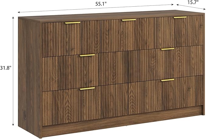 7 Drawers Dresser for Bedroom，55" Wide Fluted Dresser with Deep Drawers, Modern Chest of Drawers, Mid Century Wood TV Stand Storage Organizer for Closet, Living Room, Hallway, Natural